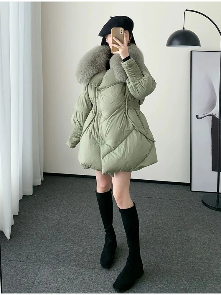 Winter 2024 New Big Fur Collar White Duck Down Puffer Jacket Medium Length Coat for Women Warm Thicken Loose Parka