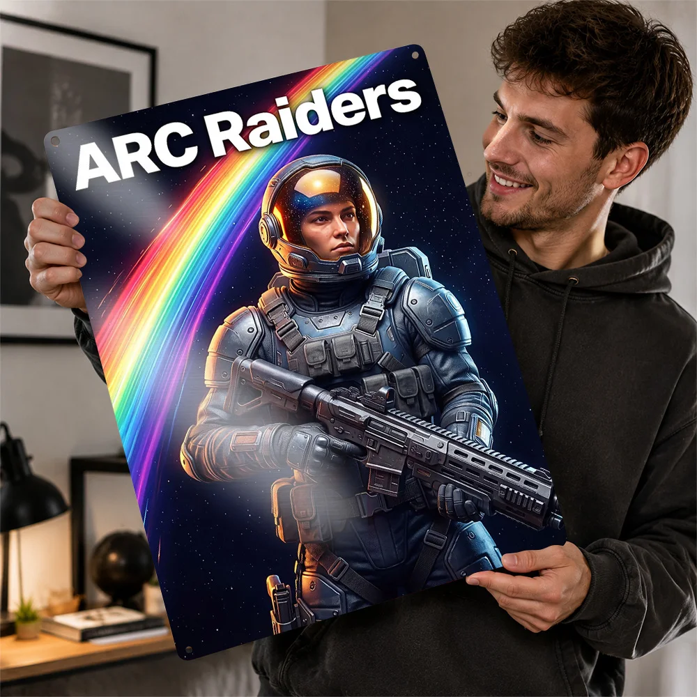 ARC Raiders Armored Soldier Textured Metal Poster Illustrated Wall Art For Gaming Room Customized Aluminum Sign Birthday Gift
