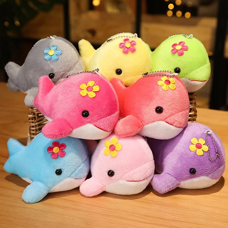 13cm 5 Colors Dolphin Plush Doll Keychain Charms Keychain Car Keyring Women Cute Girl Fluffy Pompom Whale Key Ring Party Trinket