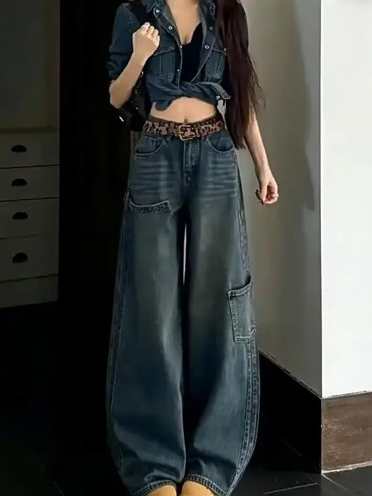 Retro Wide Leg Knife  Jeans High Waist Women's Autumn New plus Size Slim Straight Workwear Trousers Comfortable Denim
