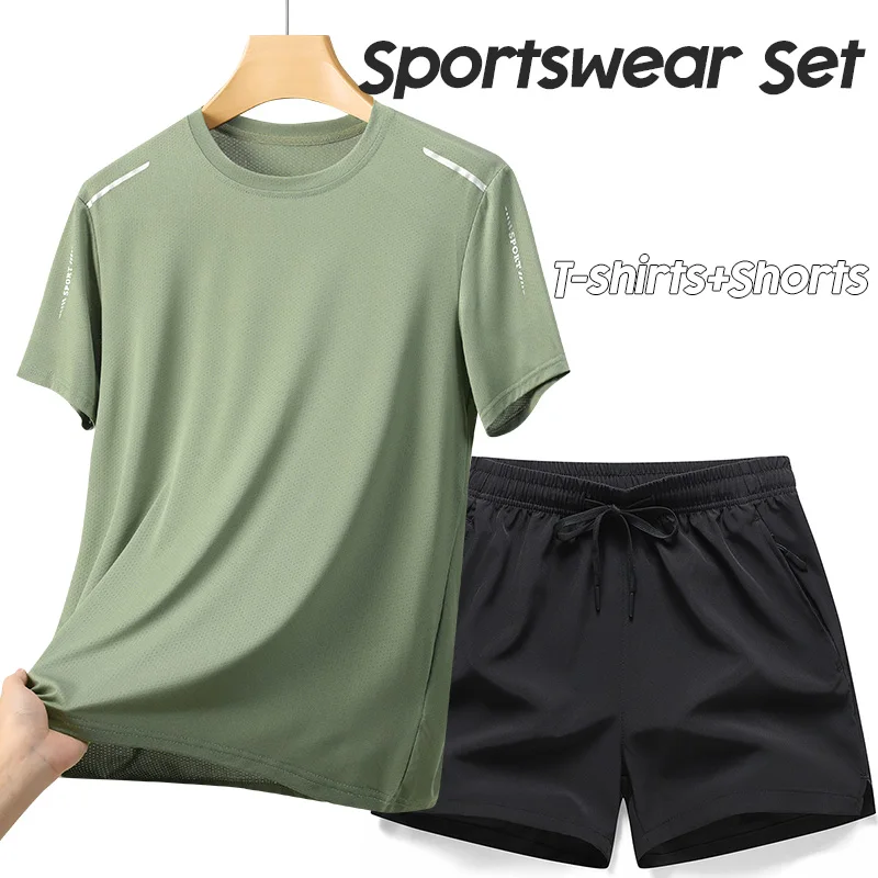 Summer Ice Silk Thin T-shirts+Shorts Sports Set Men Running Athletic Fitness Wear Quick-Dry Cool Short-Sleeve Shorts Running Set