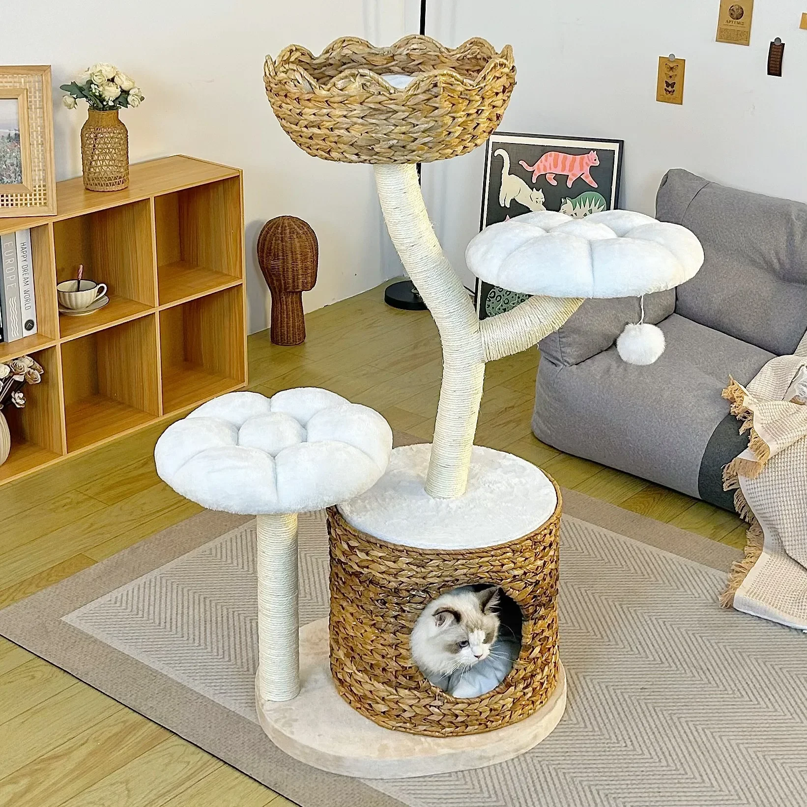 a forPremium 5 Tier Sisal Wrapped Cat Tree with Adjustable Height Base for Large Breeds Up to 20kg Indoor Cats