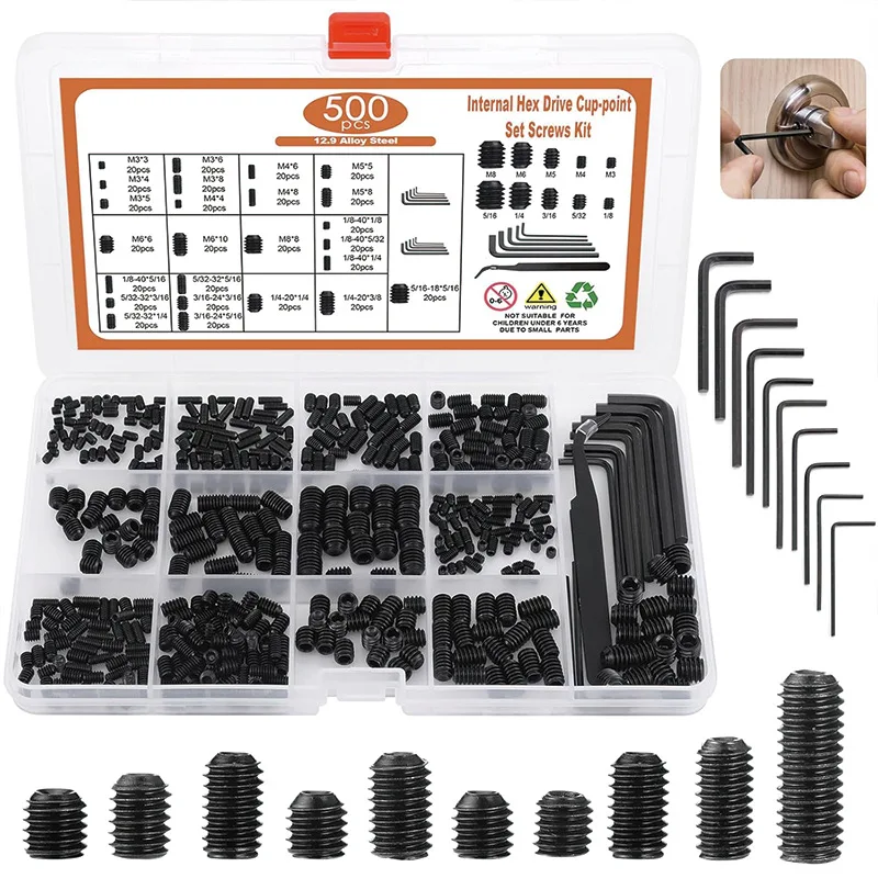 500Pcs/485Pcs/400Pcs Black Cup Point Set Screws Assortment Kit, Grub Screws with Allen Wrench