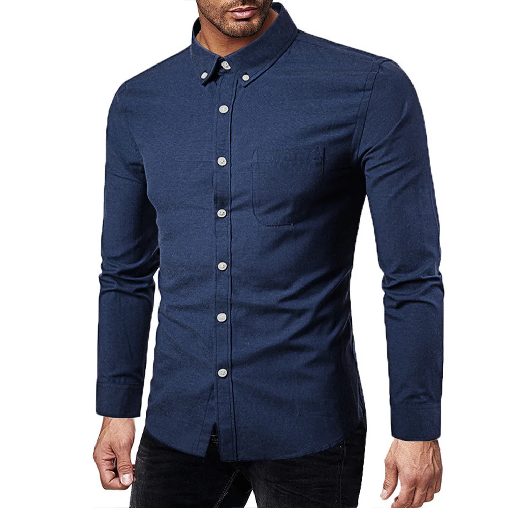 メンズスリムフィット長袖オックスフォードシャツ、カジュアルドレスシャツ、ラペルボタンカラー、白と黒