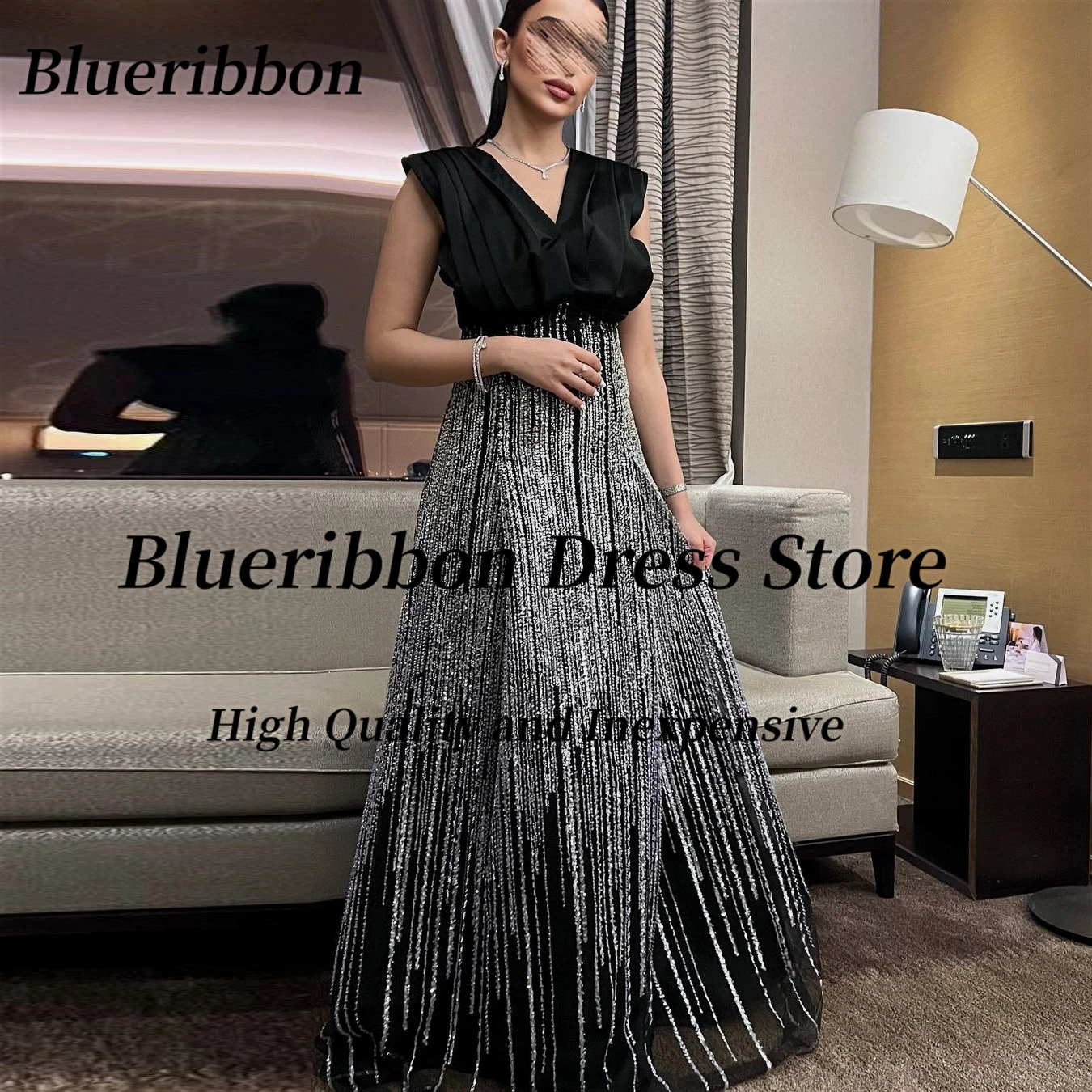 Blueribbon تألق خط طويل فساتين لحضور الحفلات الموسيقية Ruched الخامس الرقبة حفلة عيد ميلاد السيدات ارتداء مخصص فساتين السهرة الرسمية مأدبة