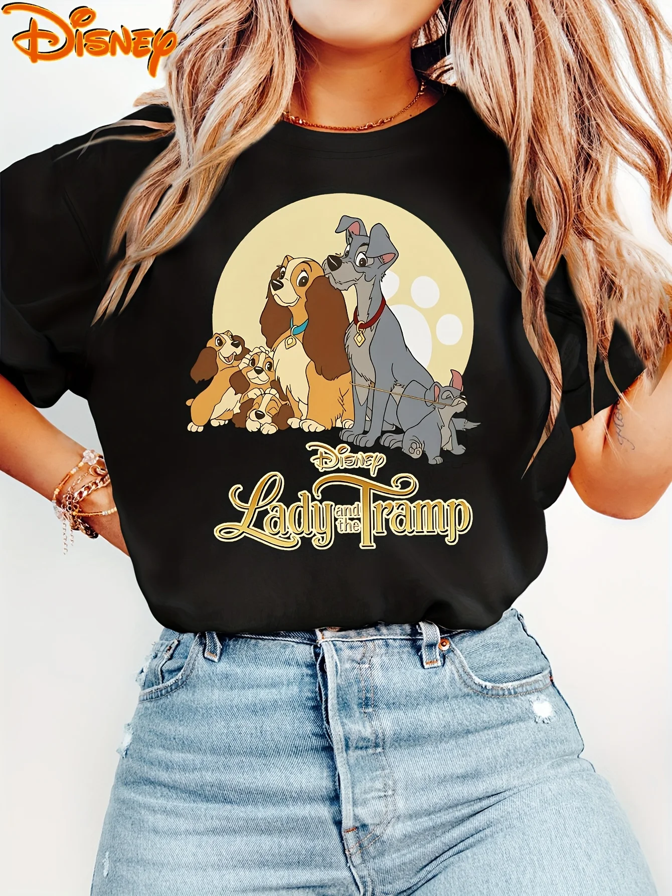 Disney Ladies & Tramp loral Hearts T Shirt Vintage Women's Men Cotton Tee Short Sleeve O-Neck Casual Trendy Oversize Streetwear
