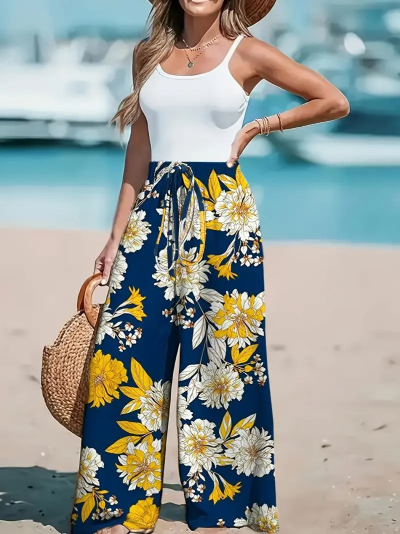 High Waist Slimming Print Floor Length Wide Leg Pants Seaside Vacation Style Loose Fit Casual Comfortable Women's Fashion