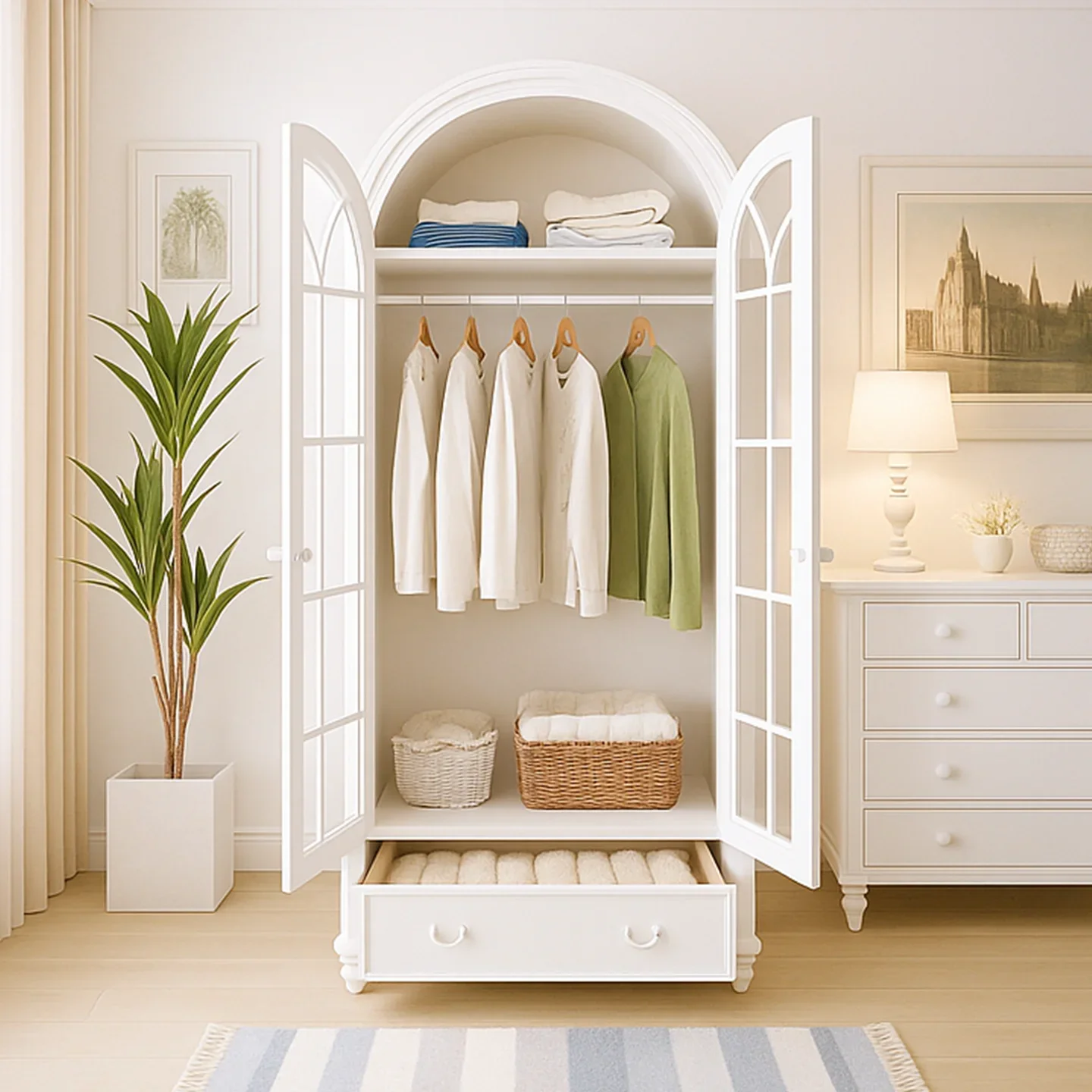 TAO  American cream style pure solid wood double door wardrobe bedroom wardrobe white 1 meter wide retro storage
