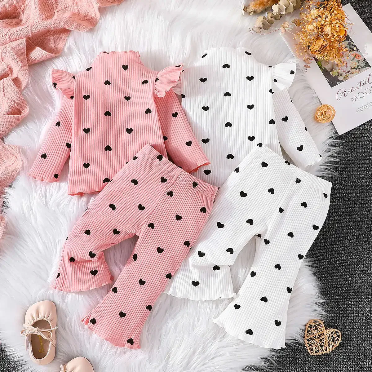 Spring Autumn Baby Girl Clothes Set Pit Stripe Love Printed Long Sleeved Top+Pant Infant Girl Clothing Casual Outfit 0-24M