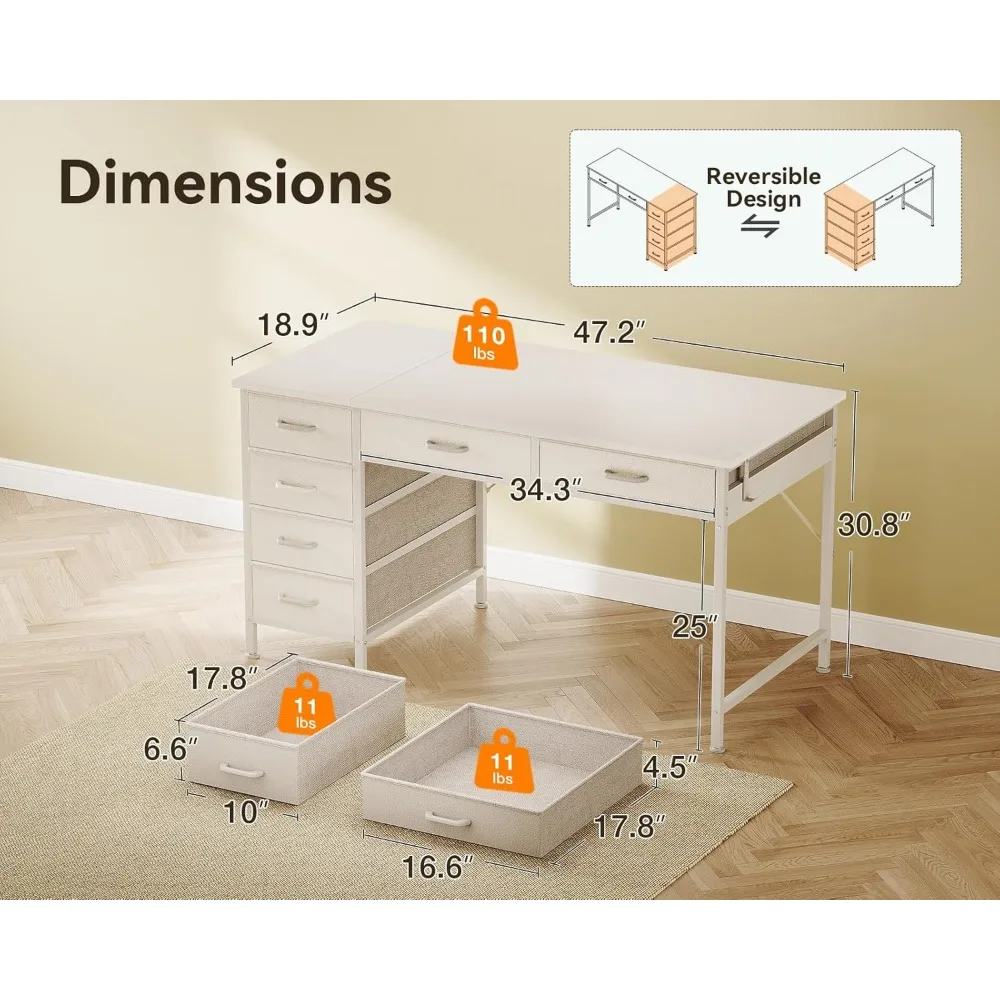 مكتب مكتب مقاس 48 بوصة مع 6 أدراج، تصميم قابل للعكس للمكتب المنزلي، طاولة دراسة باللون الأبيض
