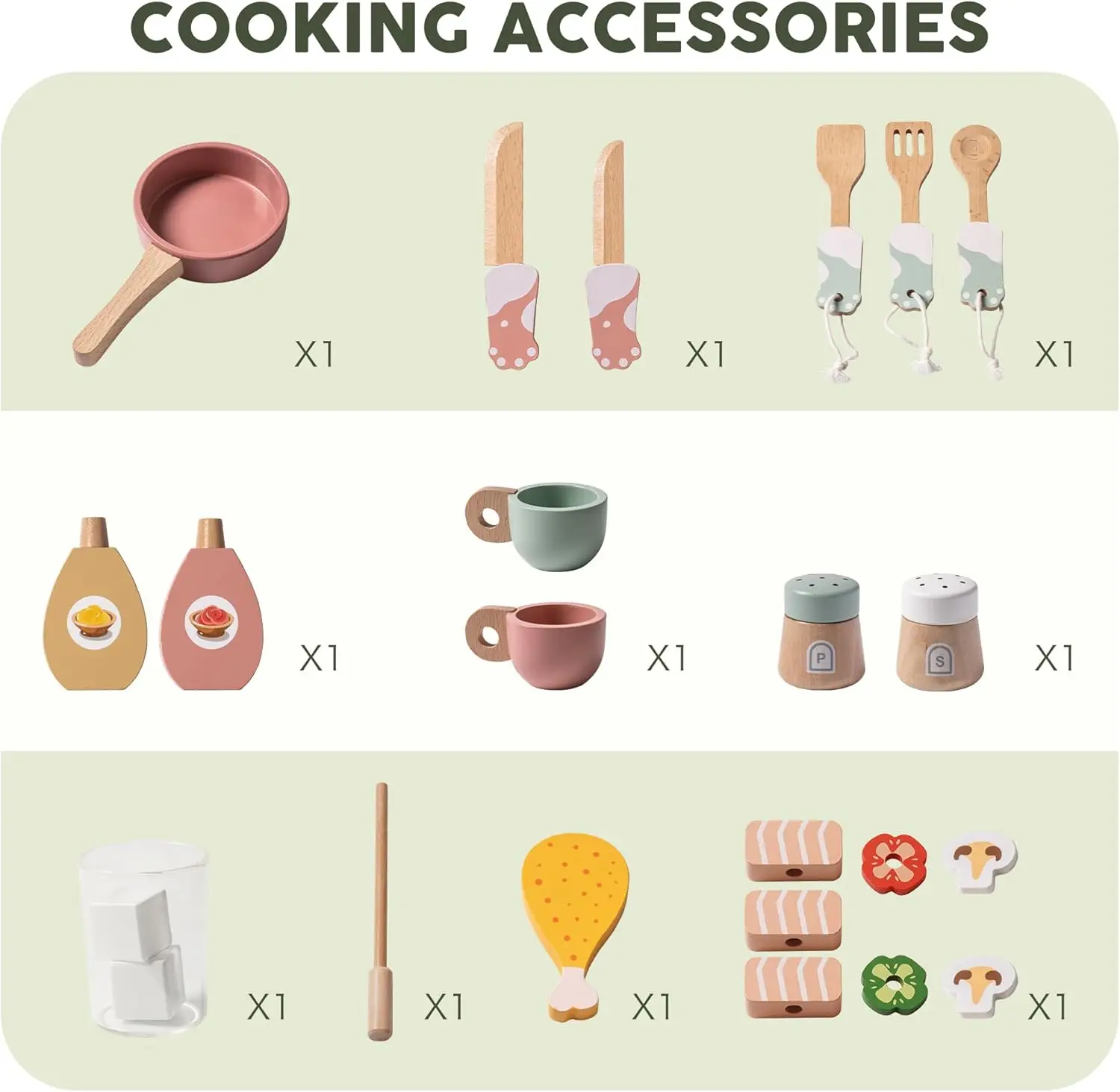 Wooden Play Kitchen Set for Kids Toddlers, Pretend Kitchen Playset with BBQ Grill, Ice Maker, Coffee Machine, and Accessories, T