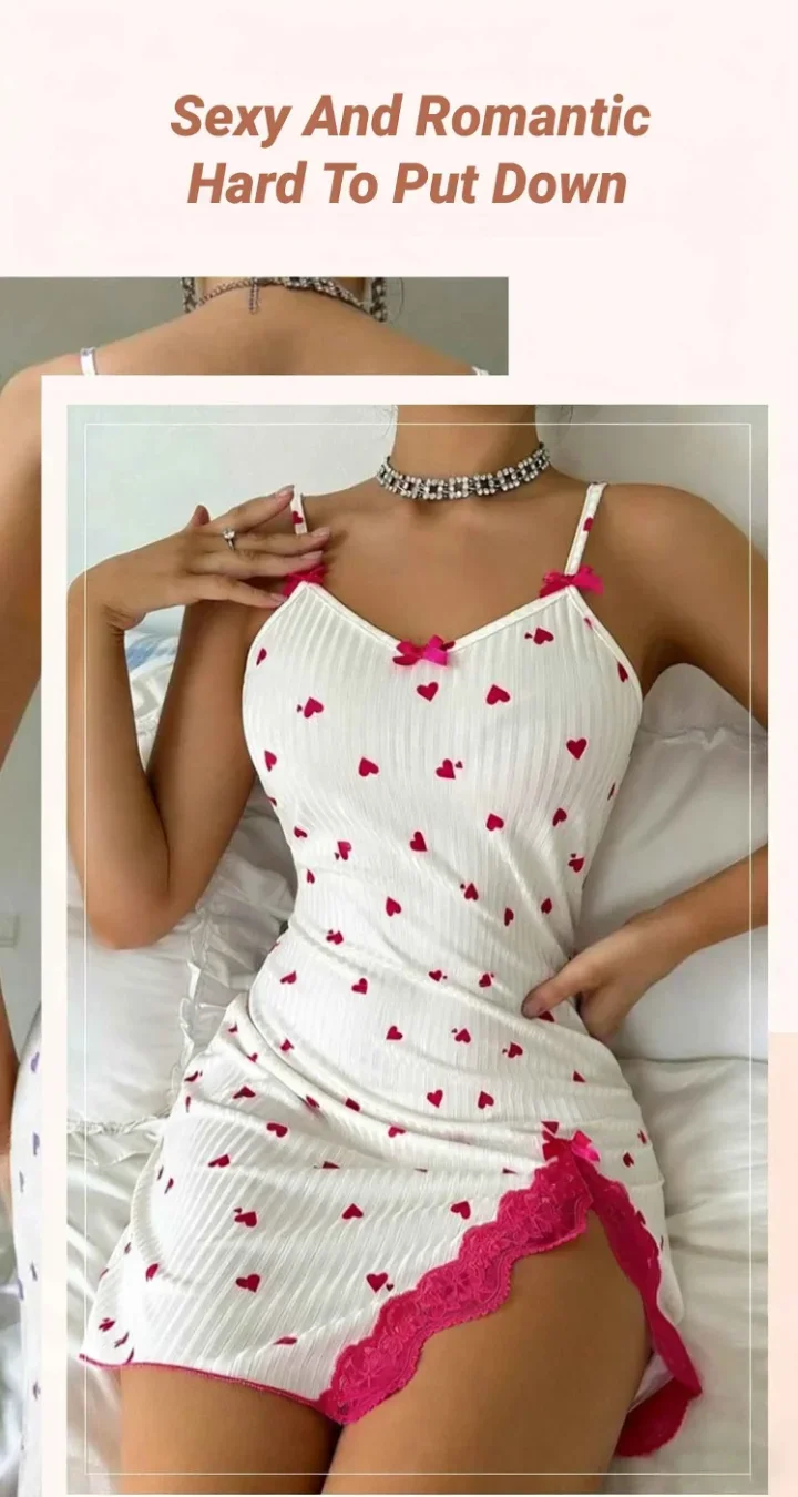CHUANGERM Damen Ärmelloses Nachthemd Elegantes Spitzenbesetztes Nachtwäsche mit Schleife & Herz-Print Damen Nachthemd – Detail 3