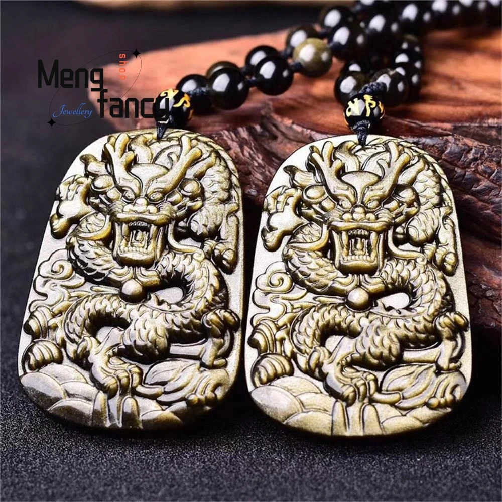 Natural Gold Obsidian Zodiac Dragon Pendant Engraver Customized Fashion Amulet Mascot Fine Luxury Best Selling Exquisite Jewelry