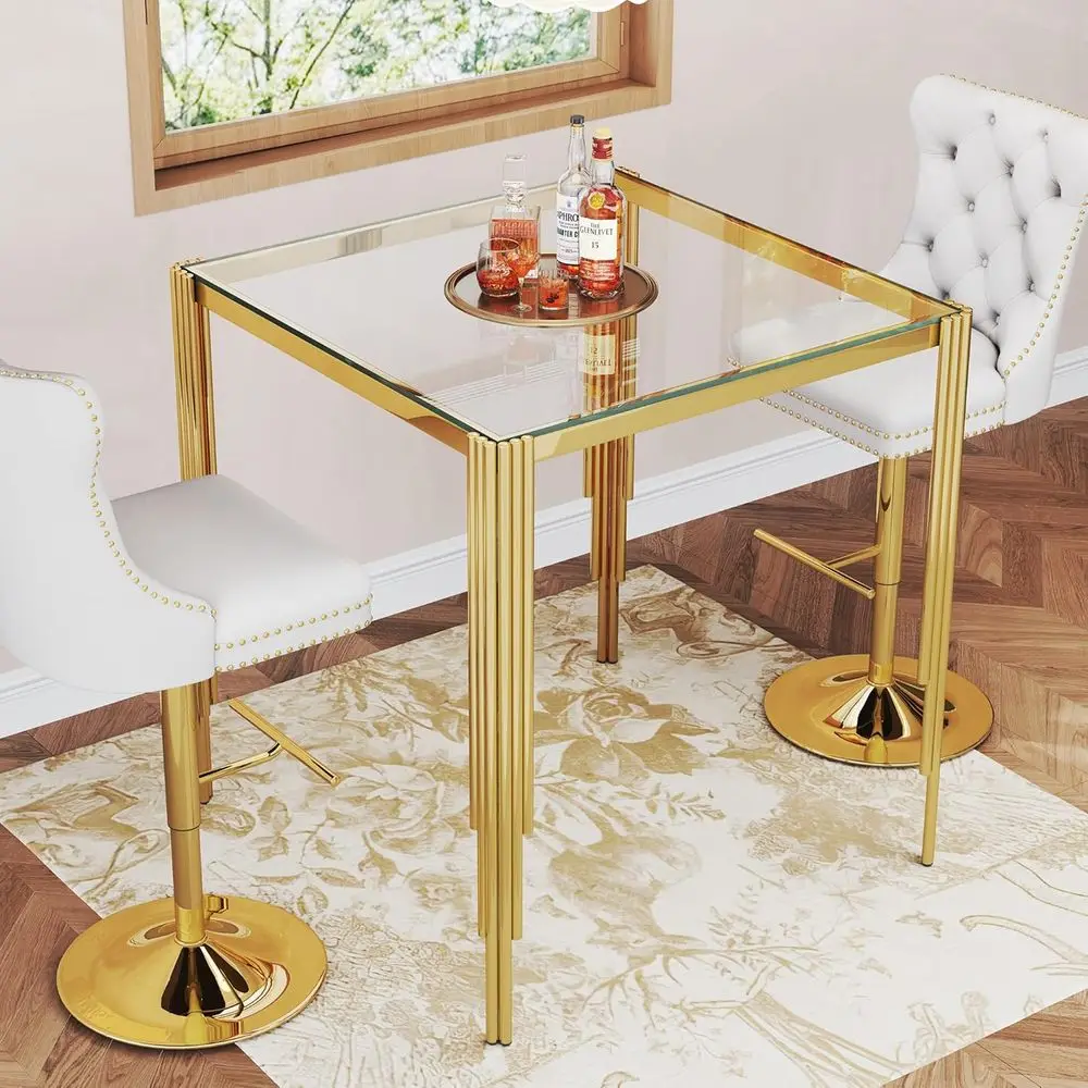 

37 Counter Height Pub Table with Clear Tempered Glass Top and Polished Gold Steel Legs