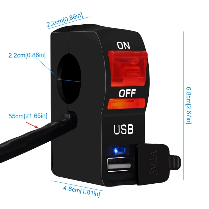 MotoLovee Multifunction 22mm LED Universal Motorcycle Handlebar Start Switch ON OFF Button With USB Charger 4 Wire Connectors