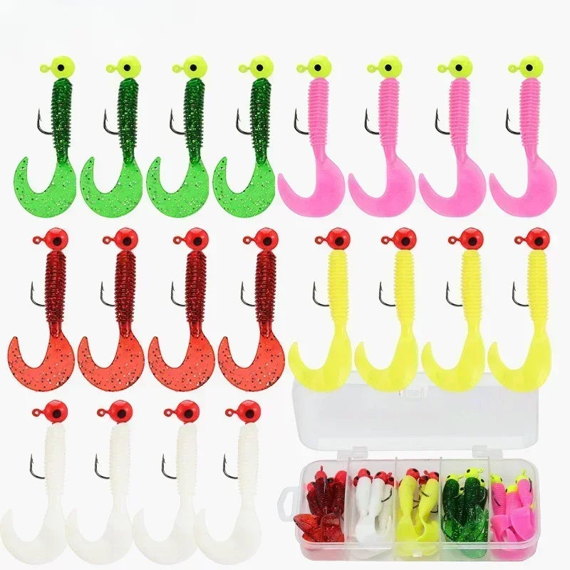 Fish bait set, single hook thread, coiled tail, soft worm, lead head hook, soft bait fishing lures