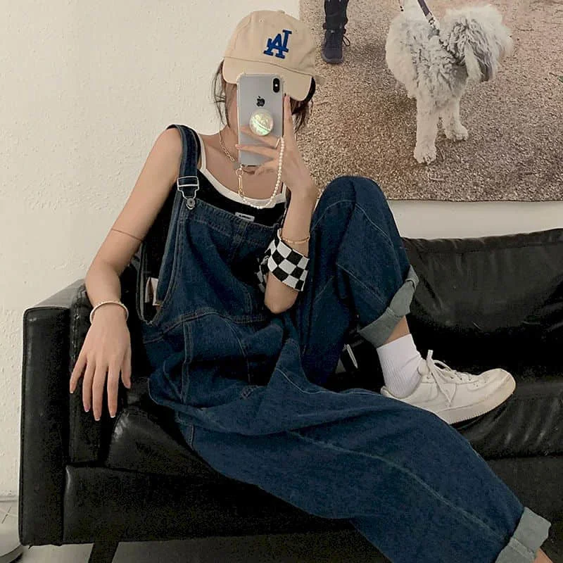 Monos para mujer Harajuku azul Denim Pantalones rectos de longitud completa trajes de una pieza mujeres de talla grande Casual Vintage monos