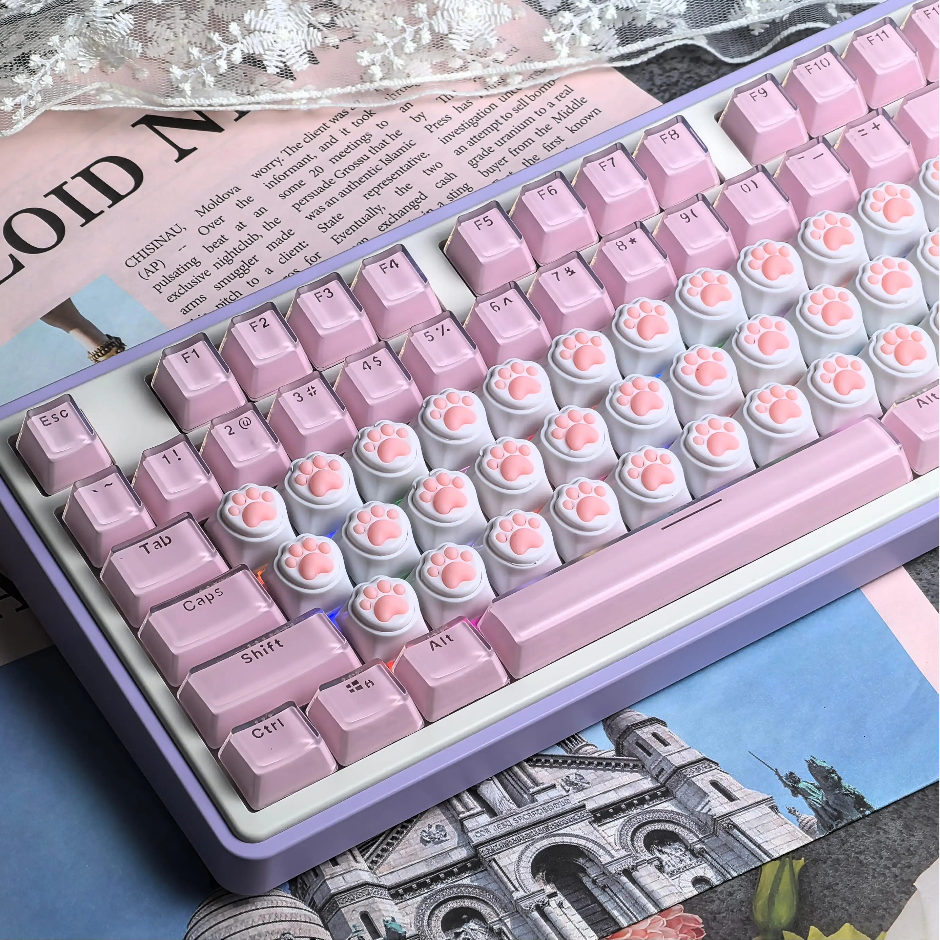 4PCS Pink Cat Paw Keycaps for DIY Mechanical Keyboard Cute Corgi Butt Cat Claw 3D Keycap Silicone Material Personalized Key Cap