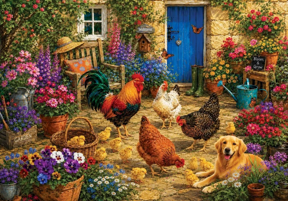 Jigsaw Puzzle 500/1000/1200/2000PCS Rural Cottage Backyard Chickens Puppy Blooming Plants Wooden Chair Blue Front Door Dec Gift