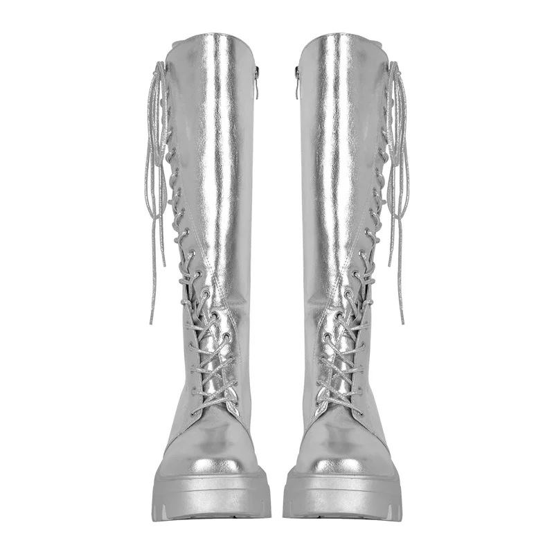 Onlymaker Women Silver Knee High Boots Round Toe Side Zipper Matte  Lace UP Plus Size Female Punk Boots