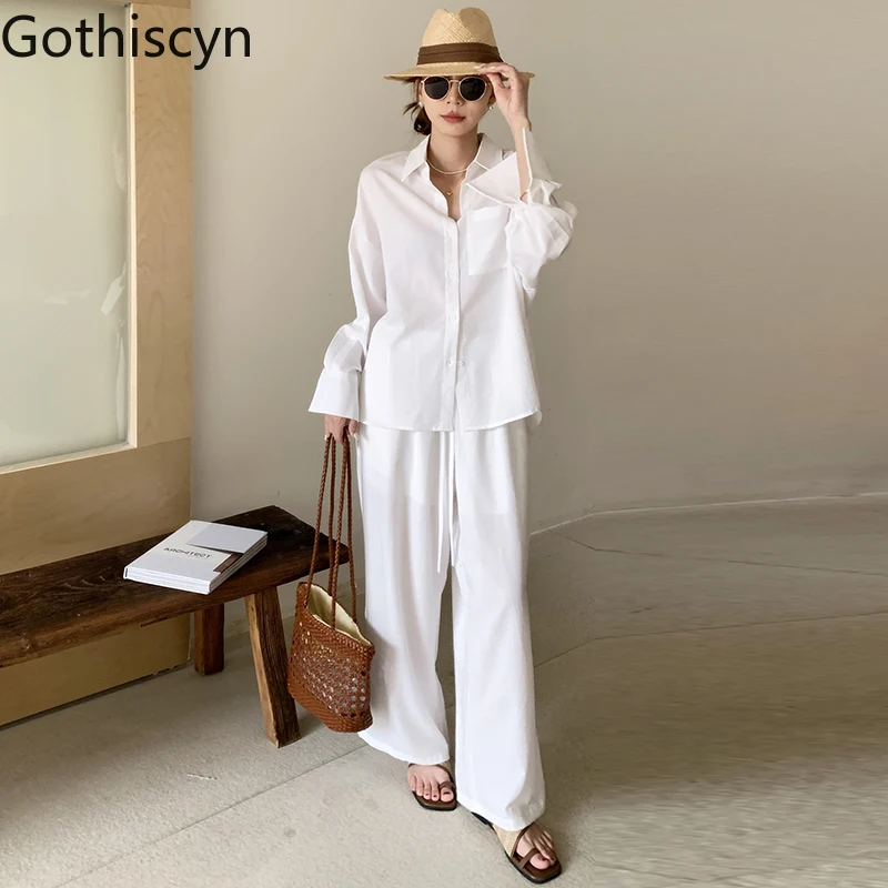 

Gothiscyn Casual Suit Women's Summer White Long-sleeved Loose Cotton Shirt High Waist Wide Leg Pants Fashion Female Clothes
