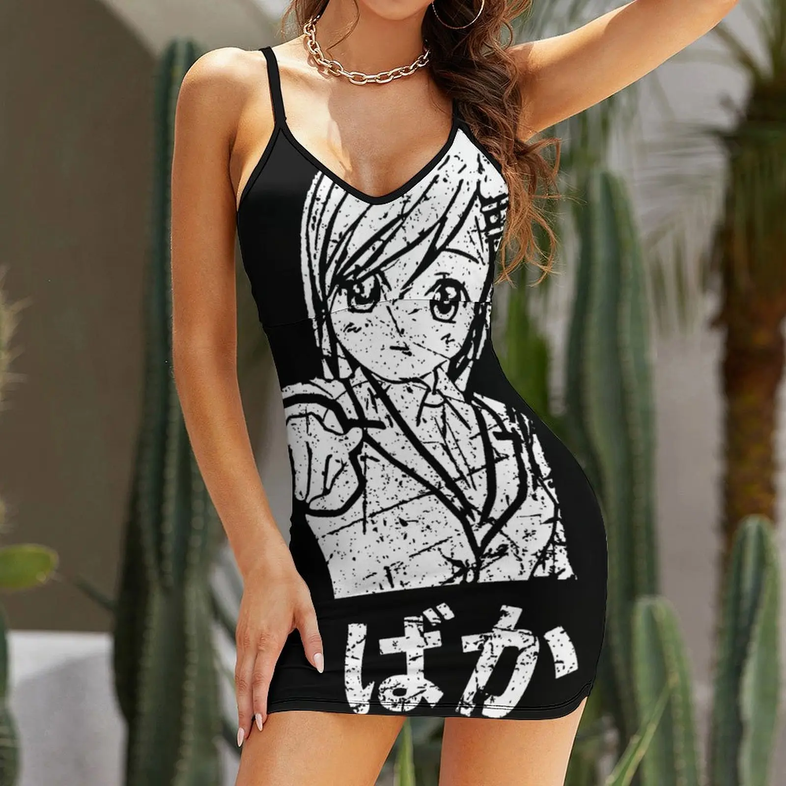 Sexy Japanese Language Anime Baka Fool Stupid Nihongo O Novelty Women's Sling Dress  Woman's Gown Funny Novelty  Vacations Suspe