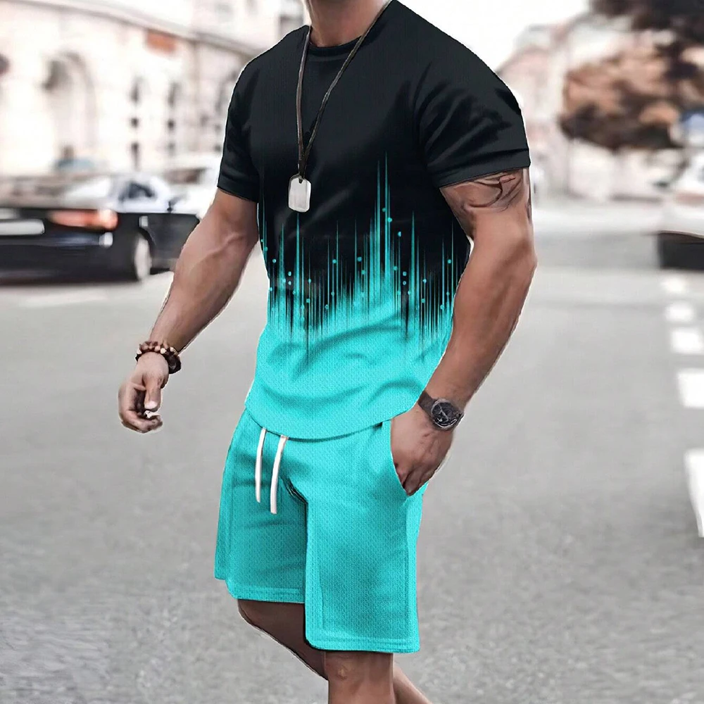 2024 Men\'s Short Sleeve T-shirt Sets Fashion Shorts 2-piece Set Black & Blue Printed Loose Casual T-Shirt Suits Men\'s Sportwear