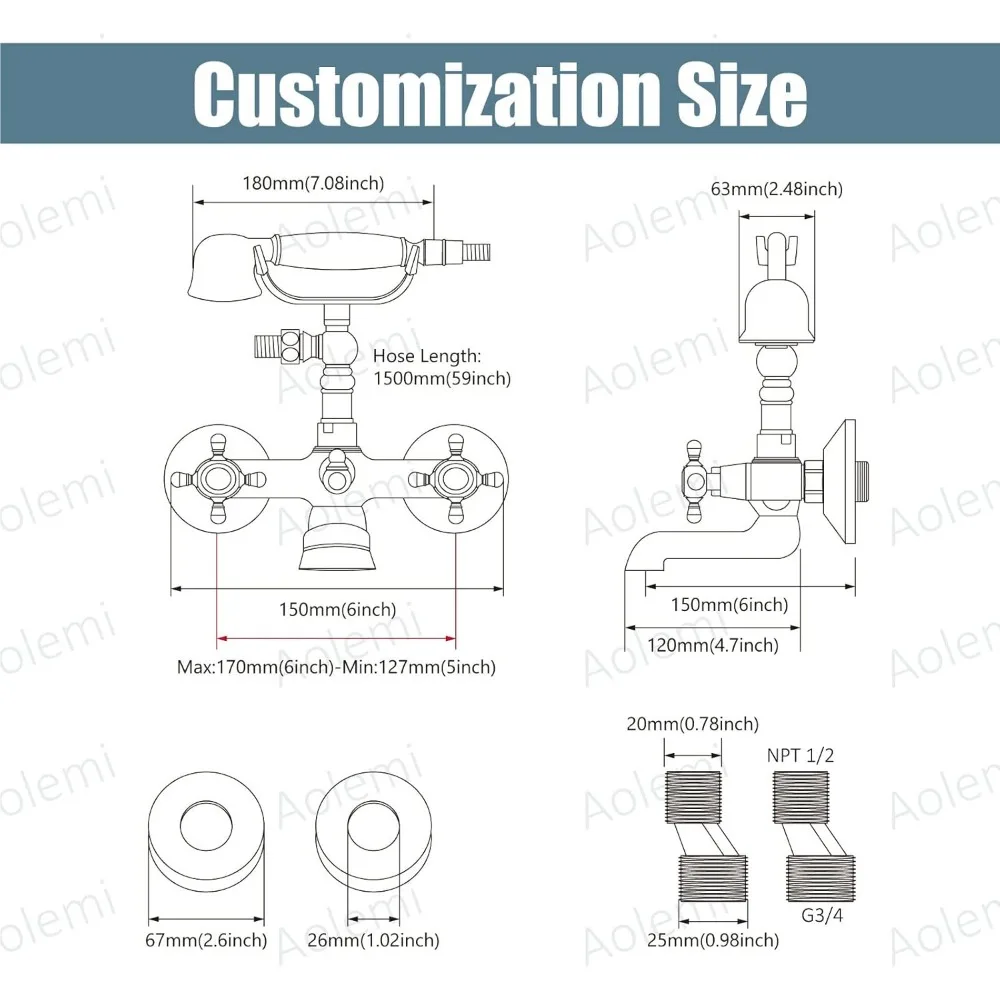 صنبور حوض استحمام مثبت على الحائط من النحاس العتيق مع بخاخ محمول، مقبض متقاطع مزدوج، صنبور دوار، خلاط دش لترادي