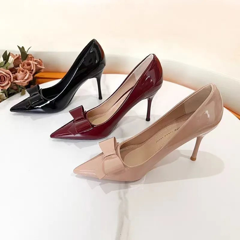 

Temperament Stiletto Single Shoes Autumn New Pointed Toe Bow Shallow Mouth Slip-on Non-Slip High Heels