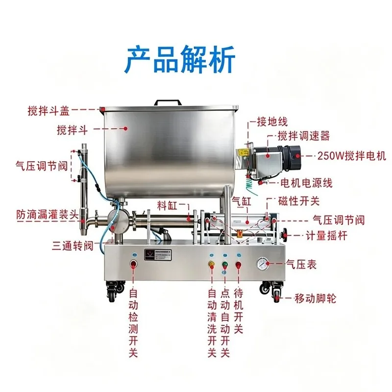 Pneumatic stirring juice filling machine, chili sauce filling machine, honey bottle filling machine