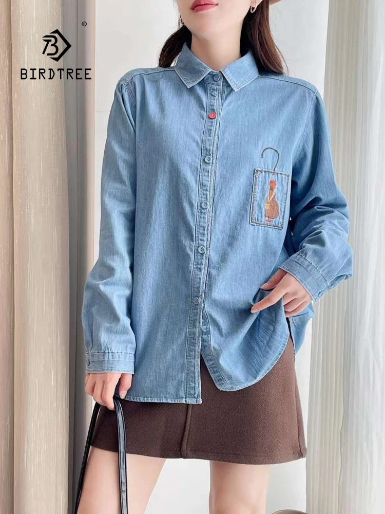 

Новинка 2025, осенняя джинсовая рубашка с длинными рукавами, женская рубашка с отложным воротником и карманами, повседневная свободная блузка в стиле ретро Mori Girl T59324CC