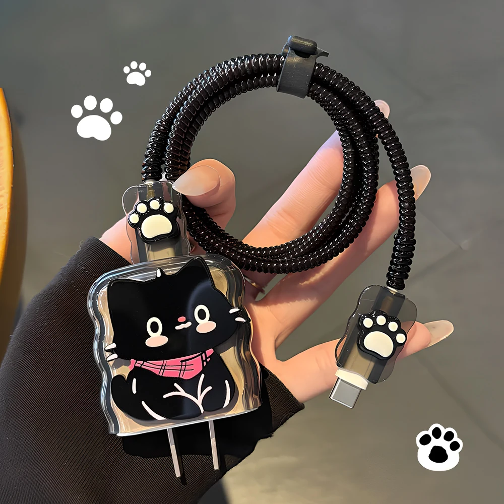 For iPhone Cute Animal Cat Cable Protector Cover With Winder Data Organizers New 20W 18W Charger Head Phone Wire Cord