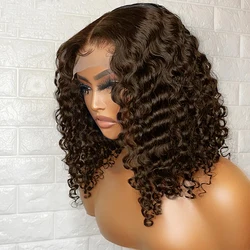 Perruque Brésilienne Remy Courte et Bouclée Brun Foncé #4, Cheveux Humains, Chocolat, 13x4, Lace Front Transparente, pour Femme