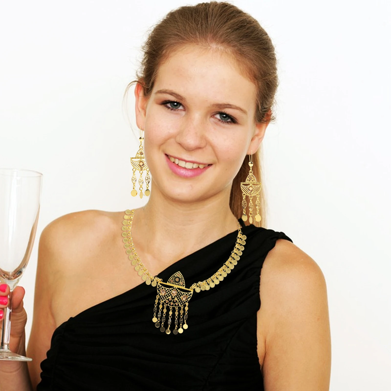 Middle Eastern Jewelry Set Golden Alloy Crystal Necklace Earrings Bridal Party Women Accessories Luxury Fashion