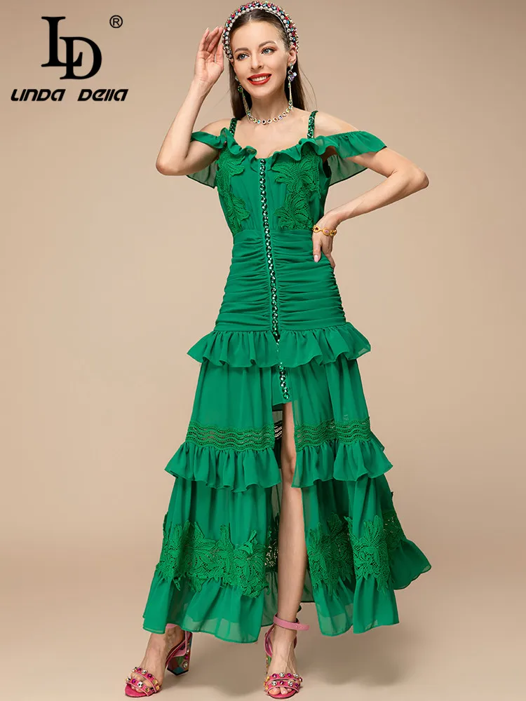 LD LINDA DELLA New 2023 Summer Fashion Women Green Spaghetti Strap Long Dress Sexy Strapless Ruffle Slim Under The Slit Dresses