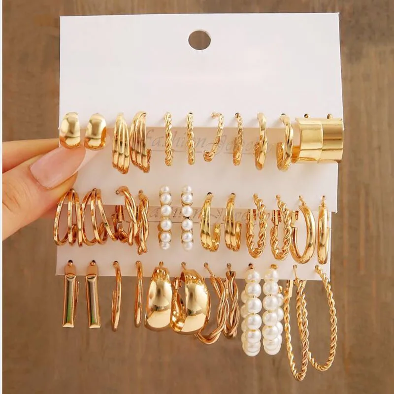 Hot Sale Metal Fried Dough Twists Chain Earrings 18pcs Set Creative Simple Earrings Geometric Earrings