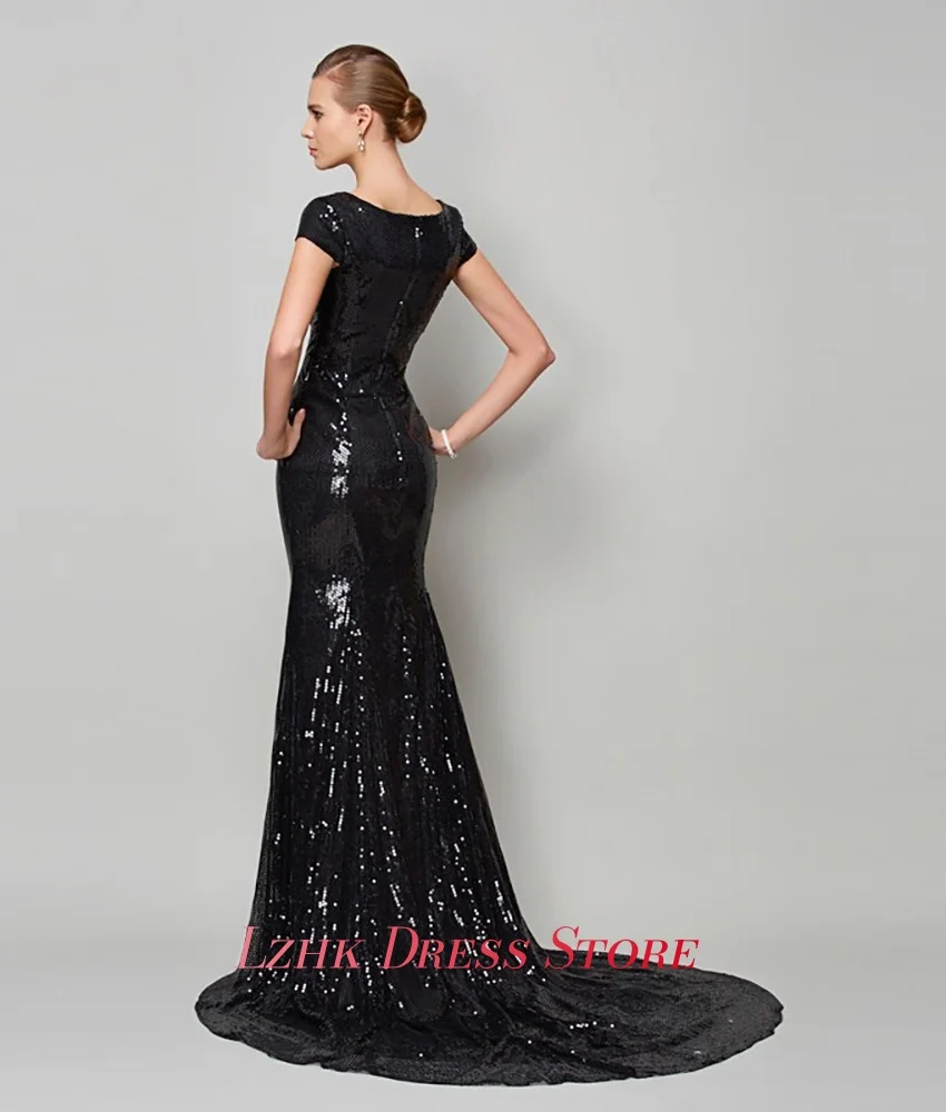 Vestido de noite sereia com lantejoulas de luxo personalizado, mangas curtas de alta qualidade, gola redonda, comprimento até o chão