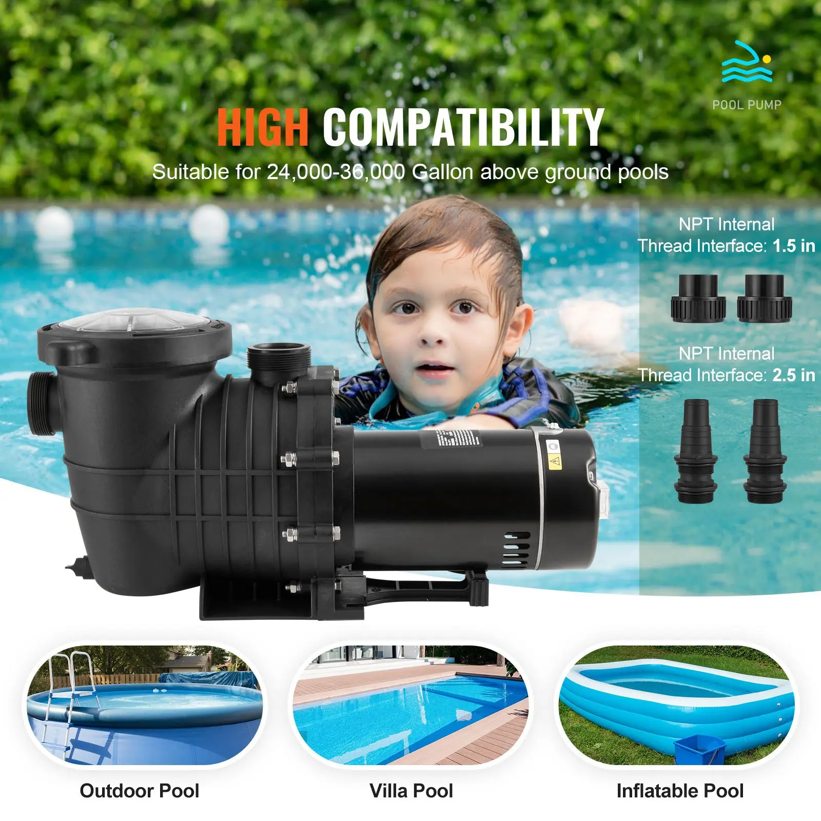 Above Ground Pool Pump, 2 HP, 110 GPM Max Flow Single Speed Swimming Pool Pump, 110V/240V 3450 RPM 59 Ft Max Head Pool Pump