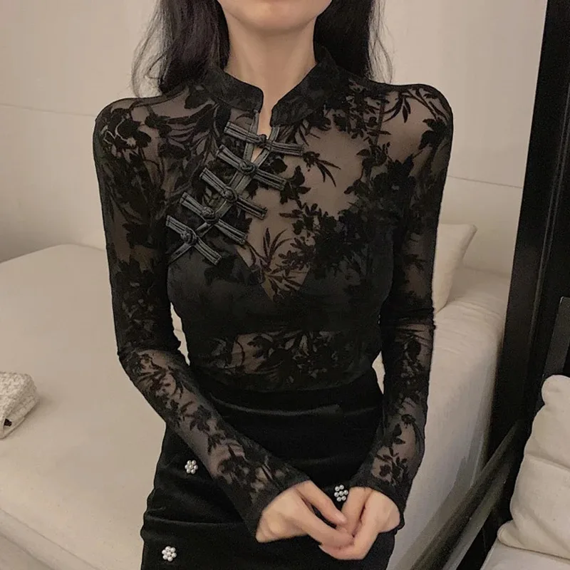 See Through Long Sleeve Slim Fit Blouse Women Chinese Style Retro Black Sexy Shirt Women Tops Vintage Lace Female Shirts 11350