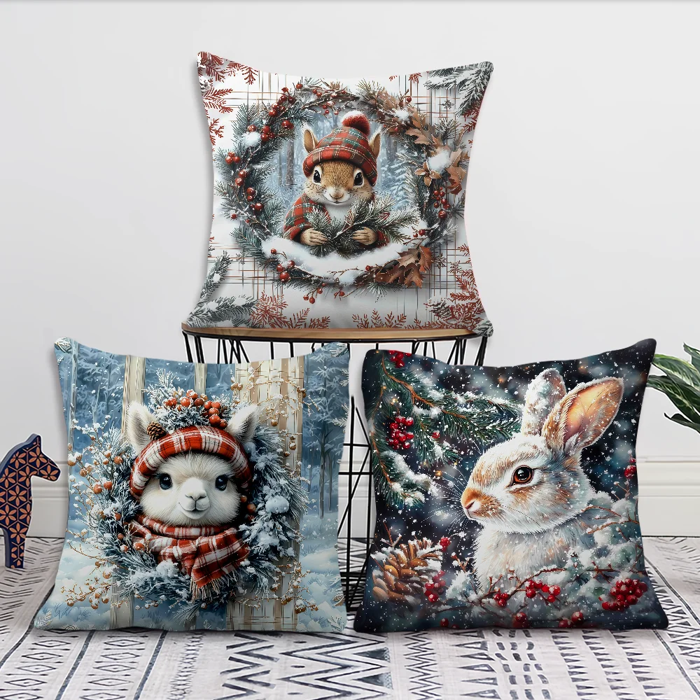 Nordic Simple Cute Christmas Cushion Cover Rabbit Squirrel Alpaca Wolf Pillow Printing Decor for Sofa Home Car Room