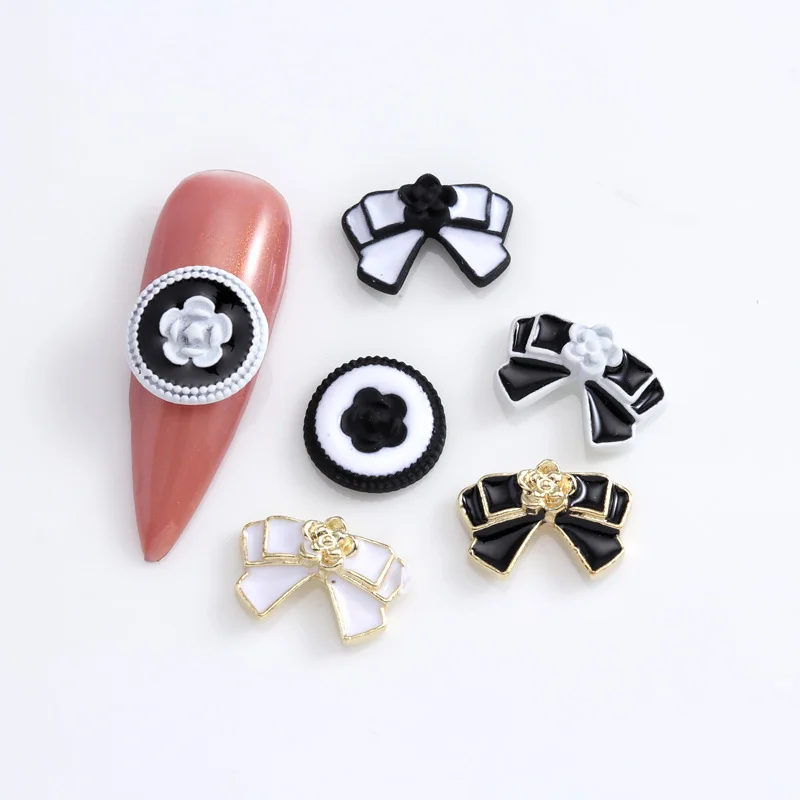10PCS French Small Fragrance Nail Art Decorations Alloy Elegant Black White Craft Nail Charms Parts Camellia Bowtie Accessories