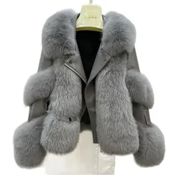 Women 2024 Winter New Outerwear Tops Warm Short Imitation Fox Fur Coat Imitation Leather Full Fox Fur Motorcycle Jacket Luxury