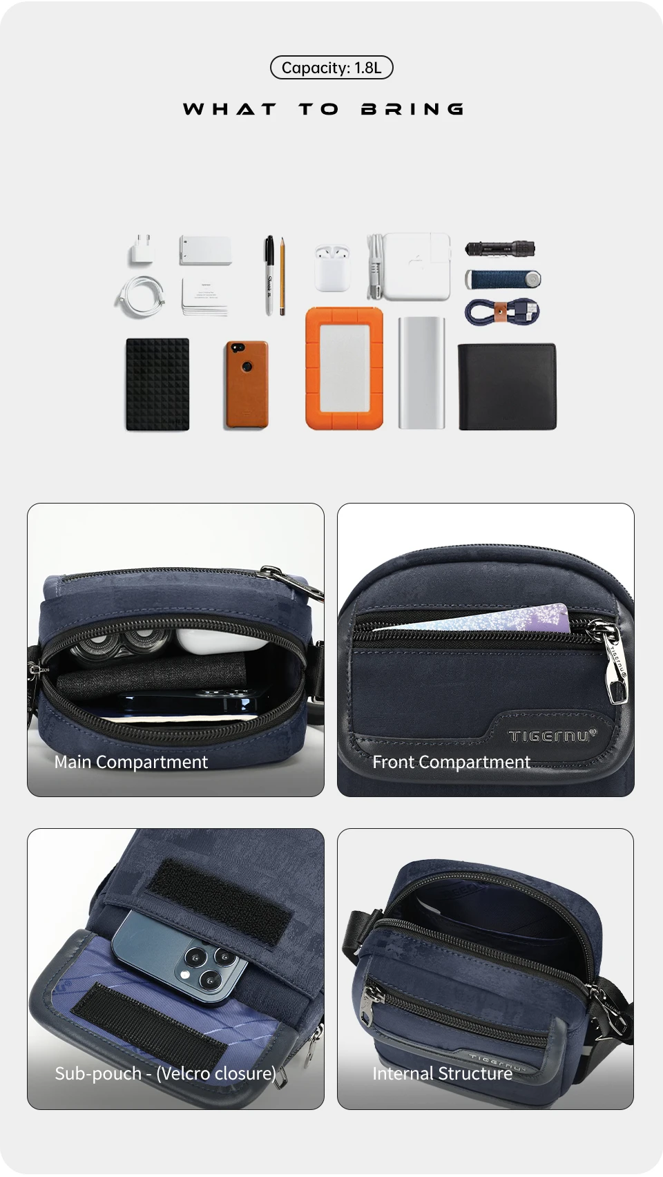 Tigernu Herren Umhängetasche Leichte Mini Umhängetaschen Lässige Reise Sling Bag College Messenger Bags Für Männer Retro Serie – Detail 6