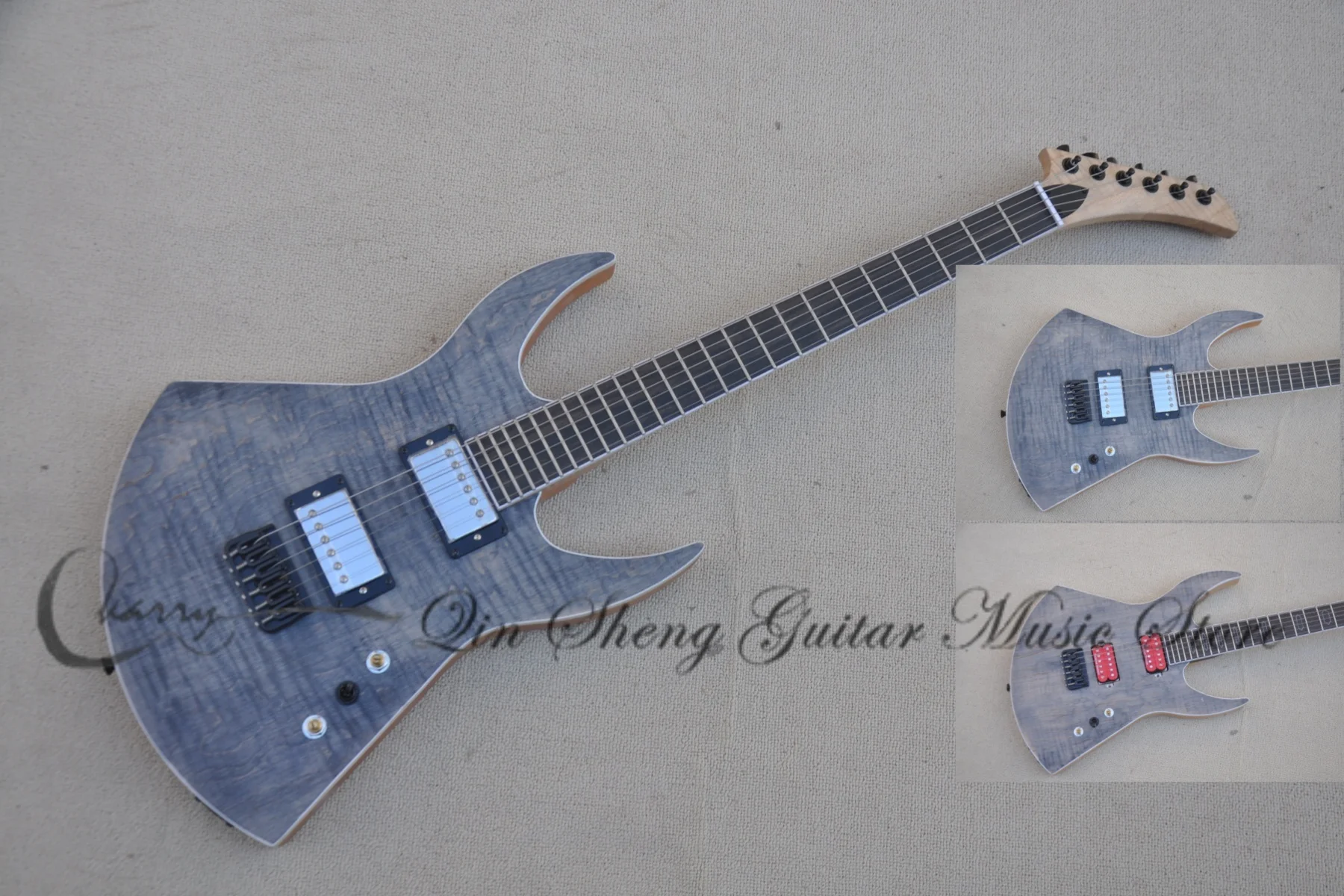 

Pre-sale trans black guitar, white wax body, white binding, Flamed maple top, HH pickup, fixed bridge, rosewood fingerboard