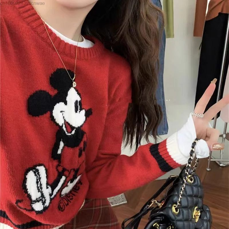 Disney Mickey Mouse Pullover Sweater Korean 2000s Aesthetic Youthful Woman Kint Clothes Cartoon New Thickened Knitted Top Yk2