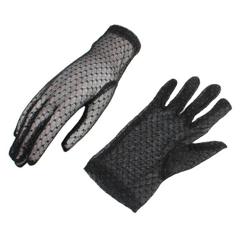 1 par de guantes elegantes Vintage para mujer, guantes de encaje con dedos completos, etiqueta corta de tul, manoplas elásticas negras transparentes