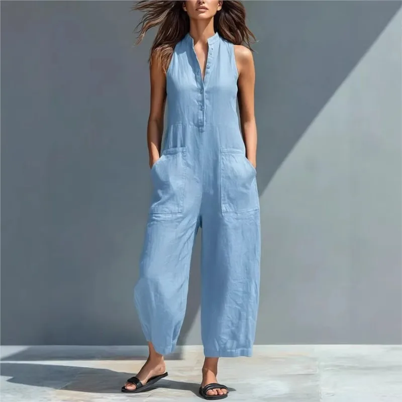 Casual Fashion Women's Jumpsuits 2026 Summer Sleeveless Single Breasted Pockets One Piece Wide Leg Pants Office Lady Streetwear