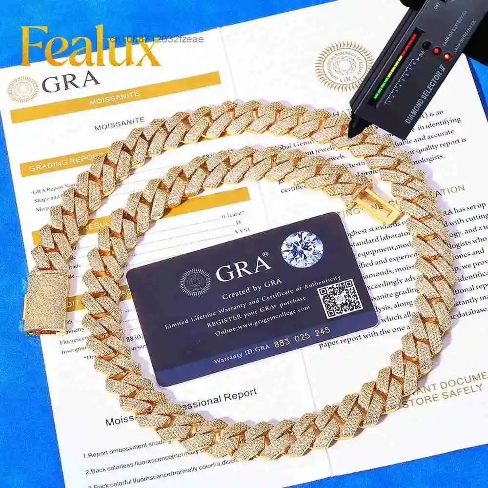 Luxury Fealux Fine Jewelry VVS Moissanite Cuban Link Chain Necklace 15MM Sterling Silver 925 Hip Hop Miami Cuban Necklace.