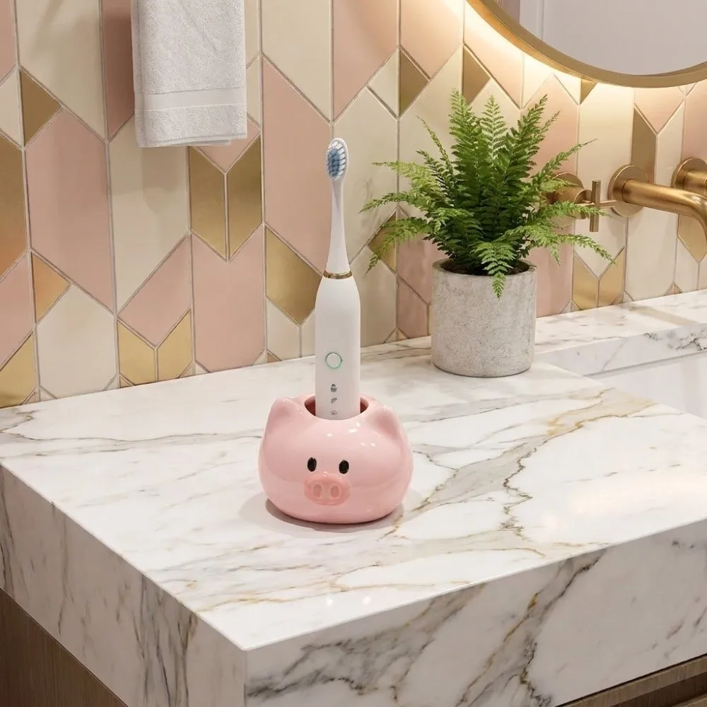Ceramic Electric Toothbrush Holder Piggy Design Cartoon Toothpaste Toothbrush Base Space Saving Decorative Washbasin Rack