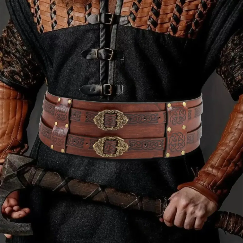 Nordic Viking Style Embossed Wide Belt PU Material Medieval Knight Costume Renaissance Cosplay Accessories Unisex Adjustable